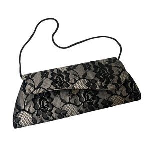 Vintage Gunny Sax Jessica McClintock Black Lace Silver Lining Clutch Handbag
